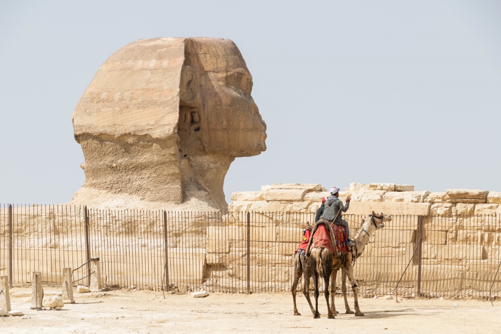 Vue sur le sphinx de Gizeh avec chameau au premier plan  