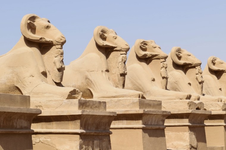 Détail sur une allée de sphinx dans le temple de Karnak, Egypte