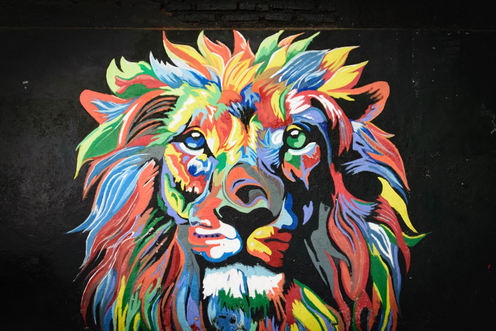Vue sur une œuvre de street art représentant un lion dans le quartier de Jodipan 